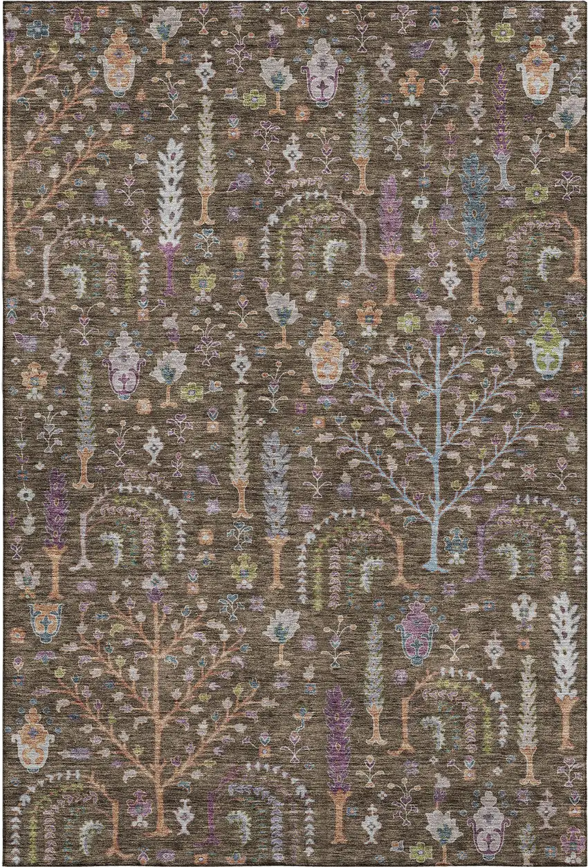 Brown Blue And Purple Floral Washable Area Rug With UV Protection Photo 1
