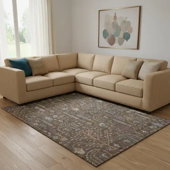 Brown Blue And Purple Floral Washable Area Rug With UV Protection Photo 2