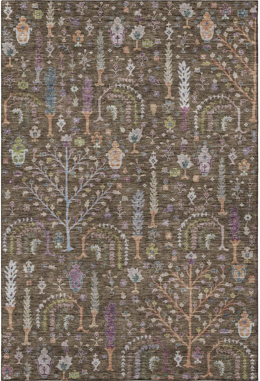 Brown Blue And Purple Floral Washable Area Rug With UV Protection Photo 3