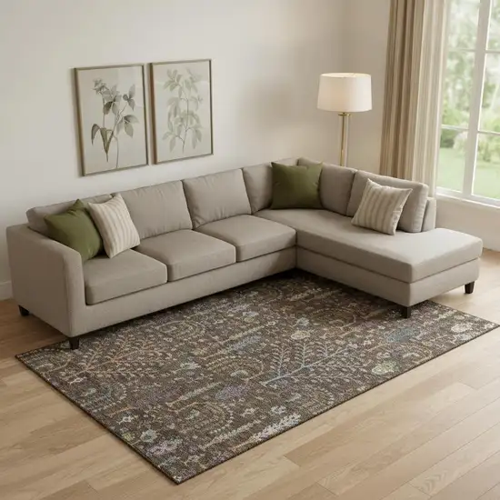 Brown Blue And Purple Floral Washable Area Rug With UV Protection Photo 2