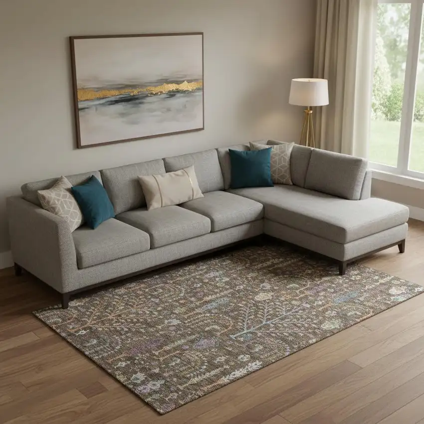 Brown Blue And Purple Floral Washable Area Rug With UV Protection Photo 2