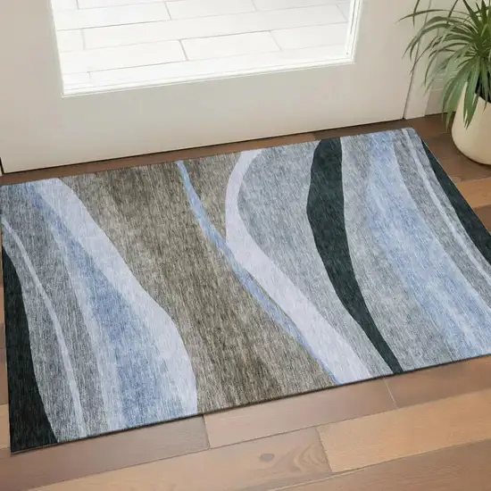 Brown Blue And Silver Abstract Washable Area Rug With UV Protection Photo 1