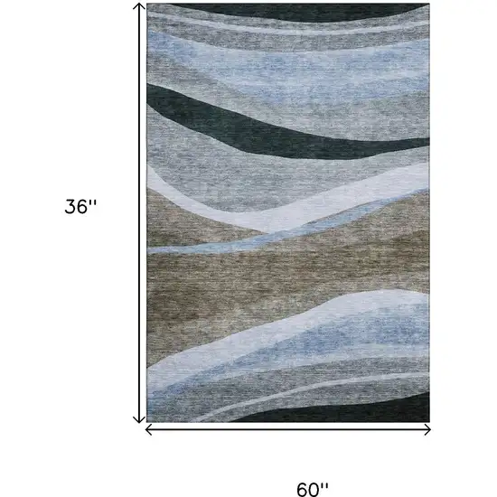 Brown Blue And Silver Abstract Washable Area Rug With UV Protection Photo 9