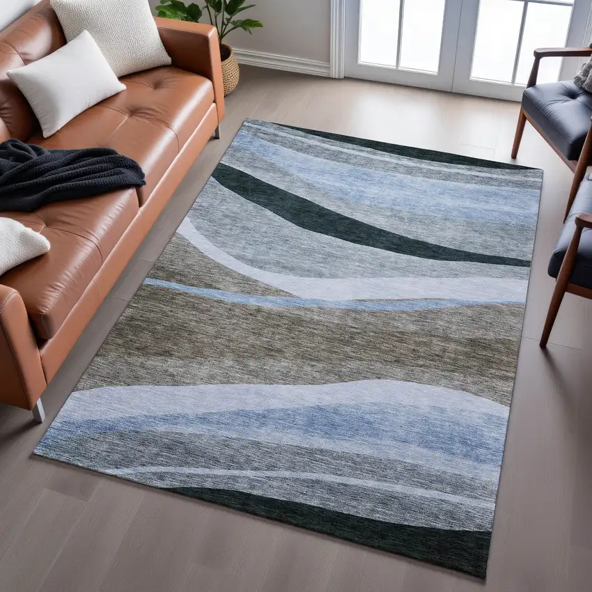 Brown Blue And Silver Abstract Washable Area Rug With UV Protection Photo 4
