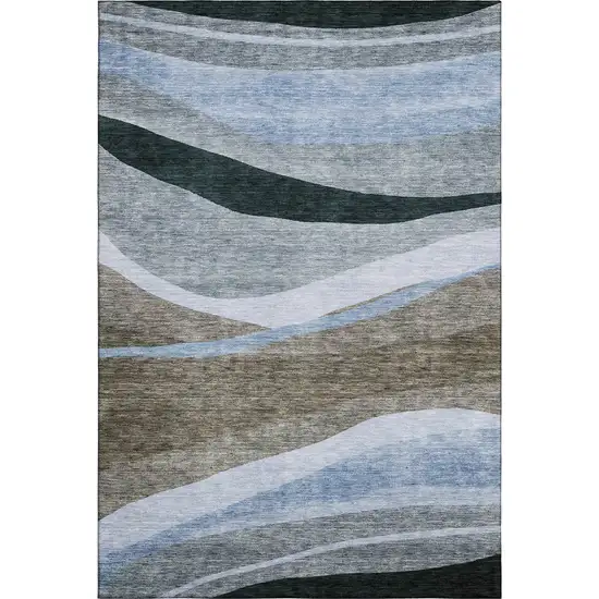 Brown Blue And Silver Abstract Washable Area Rug With UV Protection Photo 5
