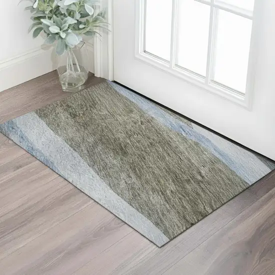 Brown Blue And Silver Abstract Washable Area Rug With UV Protection Photo 2