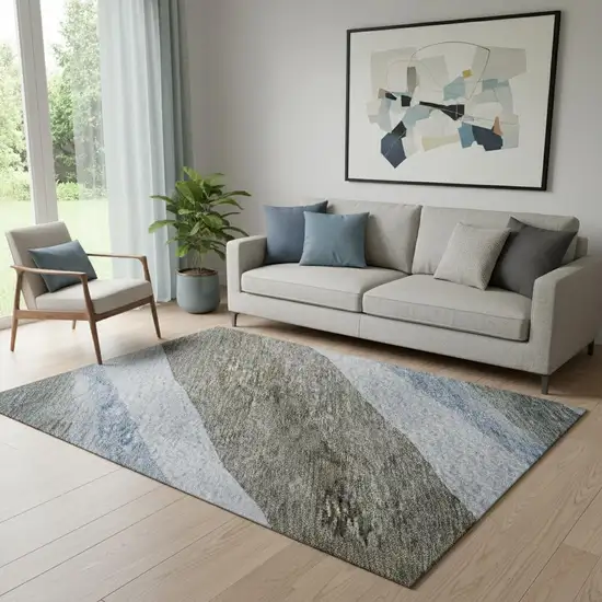 Brown Blue And Silver Abstract Washable Area Rug With UV Protection Photo 2