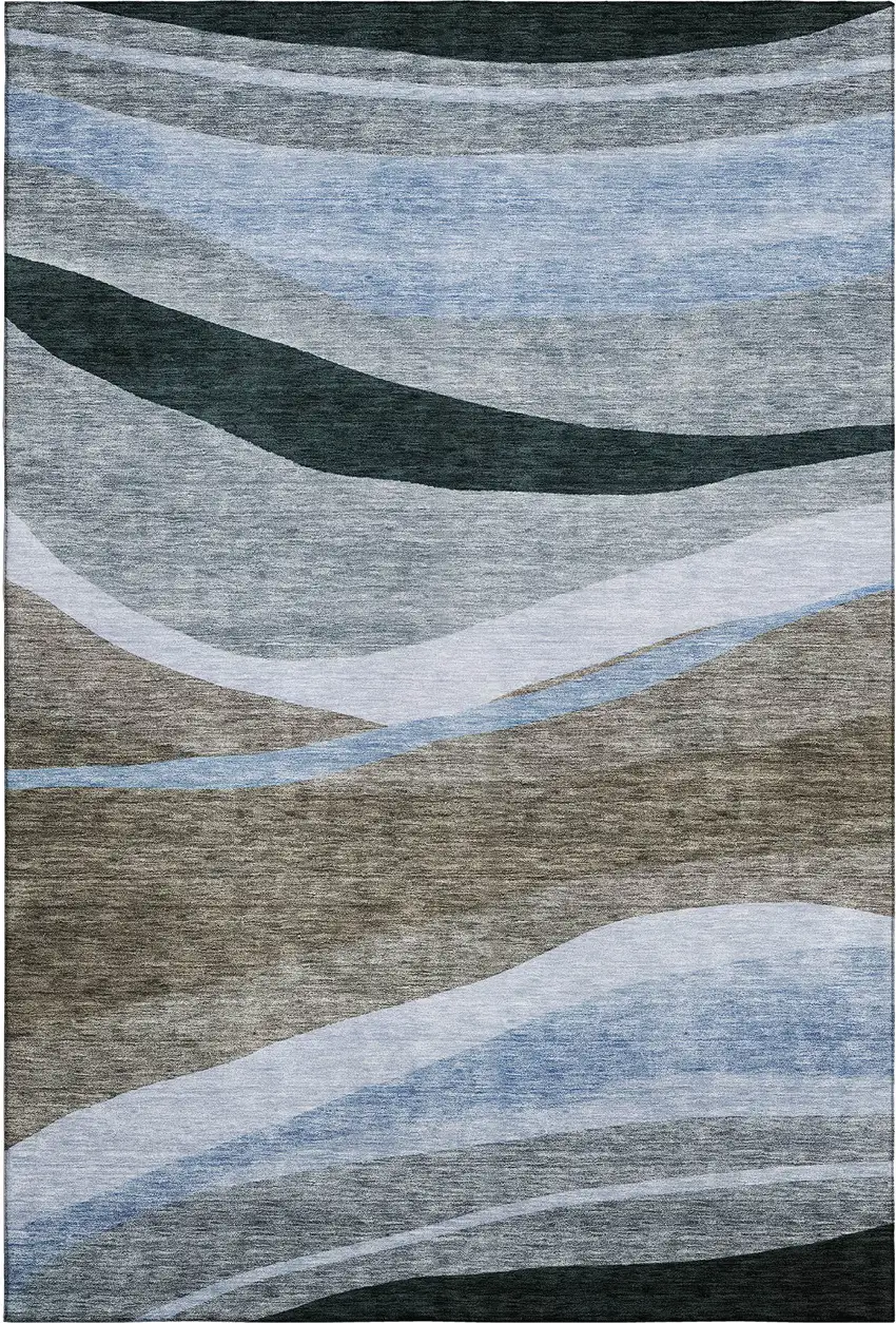 Brown Blue And Silver Abstract Washable Area Rug With UV Protection Photo 4