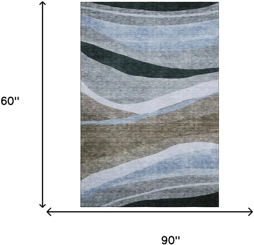Brown Blue And Silver Abstract Washable Area Rug With UV Protection Photo 5