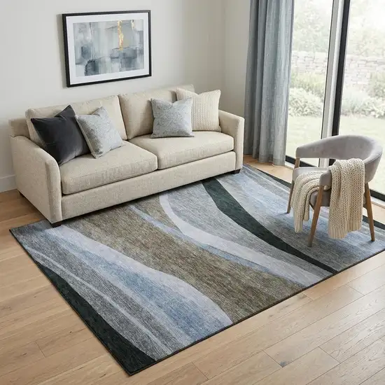 Brown Blue And Silver Abstract Washable Area Rug With UV Protection Photo 1