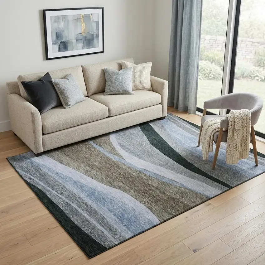 Brown Blue And Silver Abstract Washable Area Rug With UV Protection Photo 1