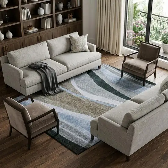 Brown Blue And Silver Abstract Washable Area Rug With UV Protection Photo 1