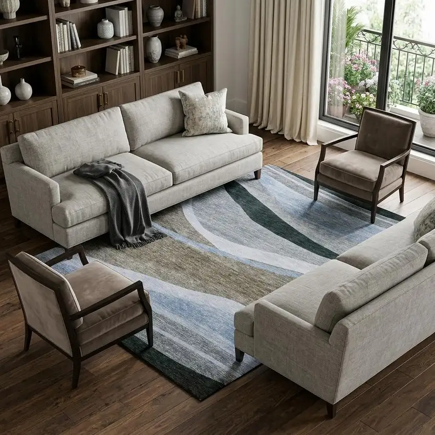 Brown Blue And Silver Abstract Washable Area Rug With UV Protection Photo 1