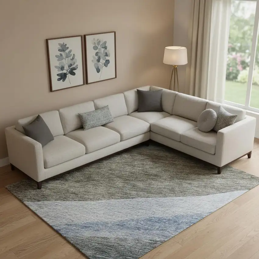 Brown Blue And Silver Abstract Washable Area Rug With UV Protection Photo 2