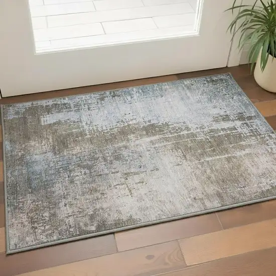 Brown Blue And Taupe Abstract Washable Area Rug With UV Protection Photo 2