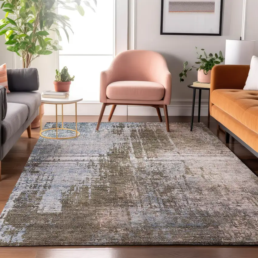 Brown Blue And Taupe Abstract Washable Area Rug With UV Protection Photo 4