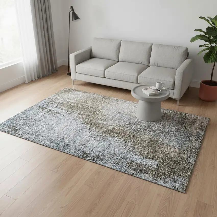 Brown Blue And Taupe Abstract Washable Area Rug With UV Protection Photo 2