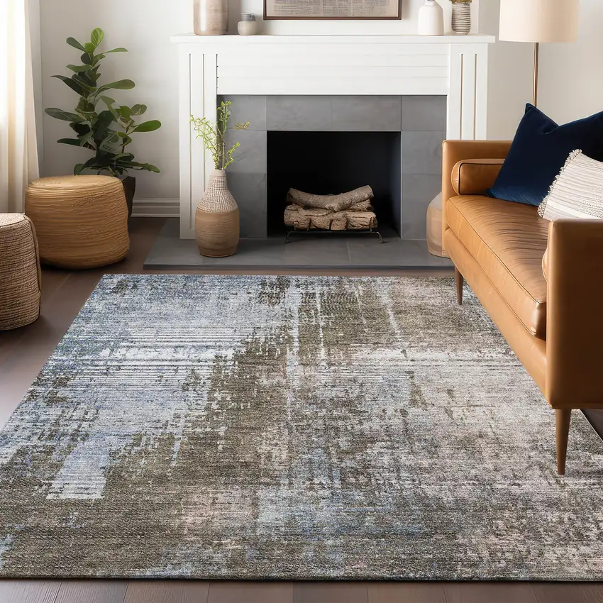 Brown Blue And Taupe Abstract Washable Area Rug With UV Protection Photo 5