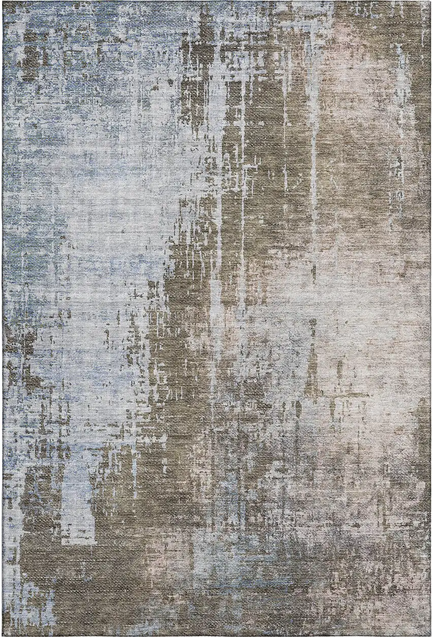 Brown Blue And Taupe Abstract Washable Area Rug With UV Protection Photo 1