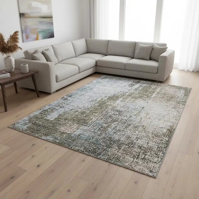 Brown Blue And Taupe Abstract Washable Area Rug With UV Protection Photo 2