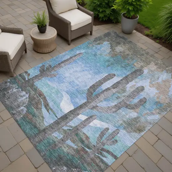 Brown Blue And Taupe Botanical Leaves Washable Indoor Outdoor Area Rug Photo 6