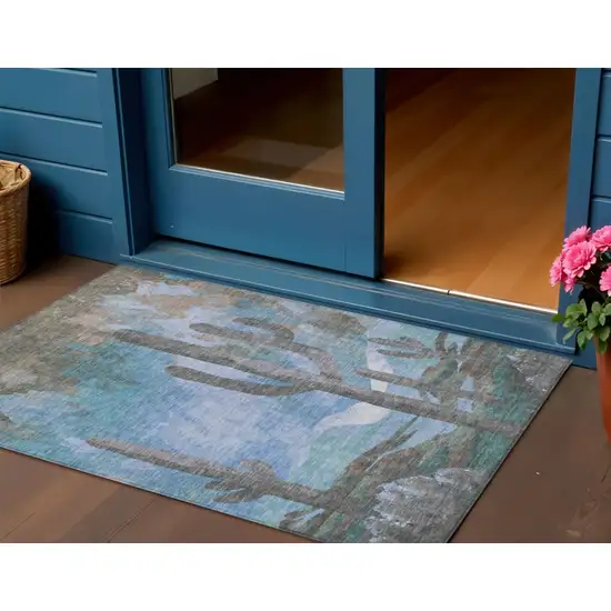 Brown Blue And Taupe Botanical Leaves Washable Indoor Outdoor Area Rug Photo 1