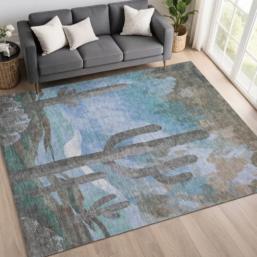Brown Blue And Taupe Cactus Washable Indoor Outdoor Area Rug Photo 9