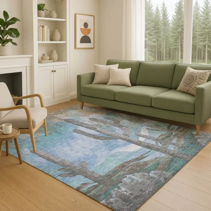 Brown Blue And Taupe Botanical Leaves Washable Indoor Outdoor Area Rug Photo 9