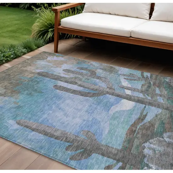 Brown Blue And Taupe Botanical Leaves Washable Indoor Outdoor Area Rug Photo 1
