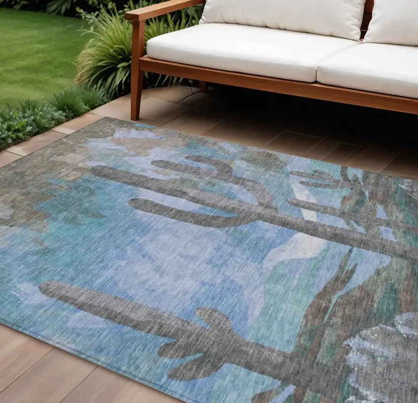 Brown Blue And Taupe Botanical Leaves Washable Indoor Outdoor Area Rug Photo 1