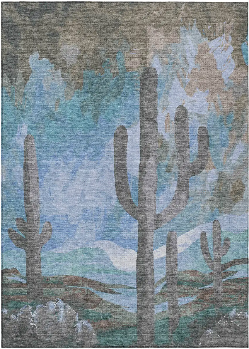 Brown Blue And Taupe Botanical Leaves Washable Indoor Outdoor Area Rug Photo 2