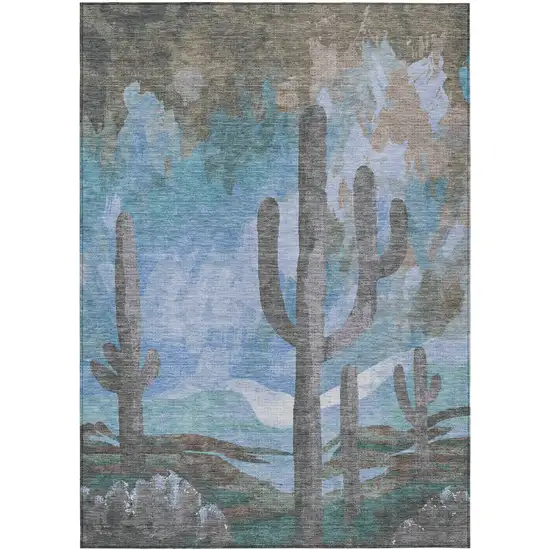 Brown Blue And Taupe Botanical Leaves Washable Indoor Outdoor Area Rug Photo 2