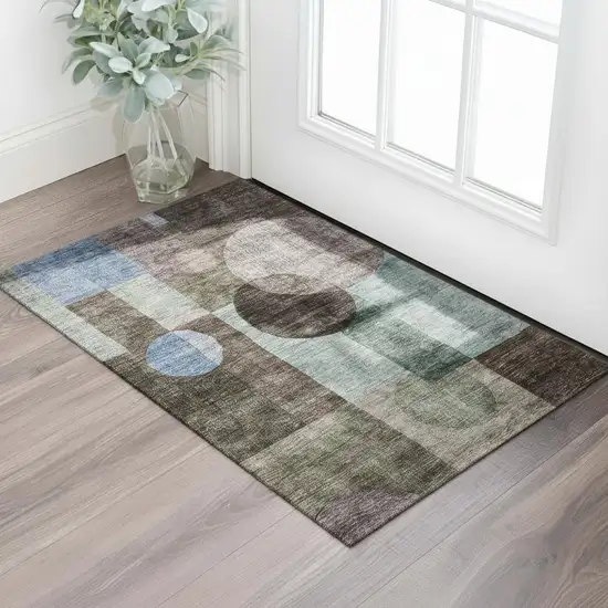 Brown Blue And Taupe Geometric Washable Area Rug With UV Protection Photo 2