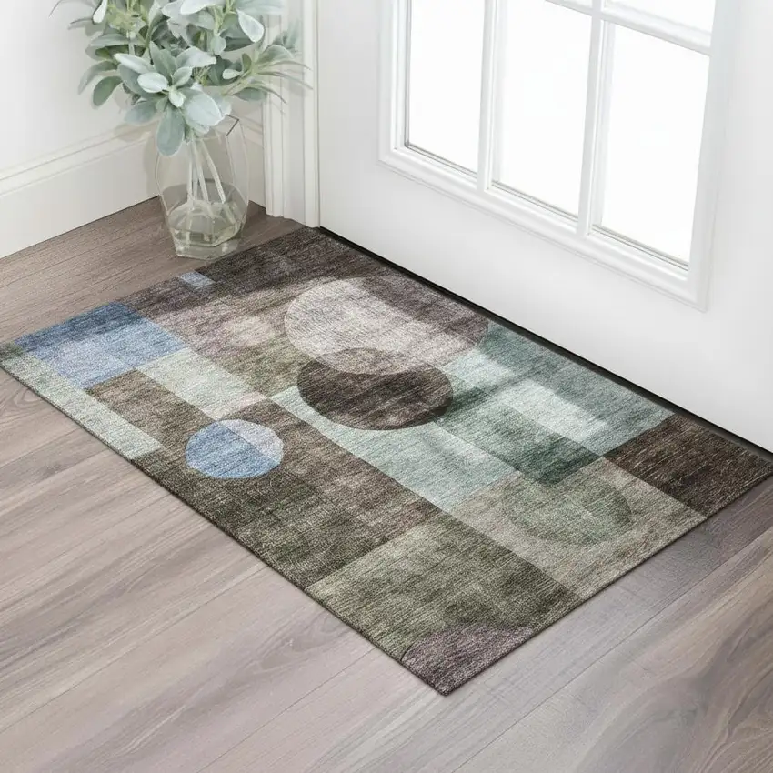 Brown Blue And Taupe Geometric Washable Area Rug With UV Protection Photo 2