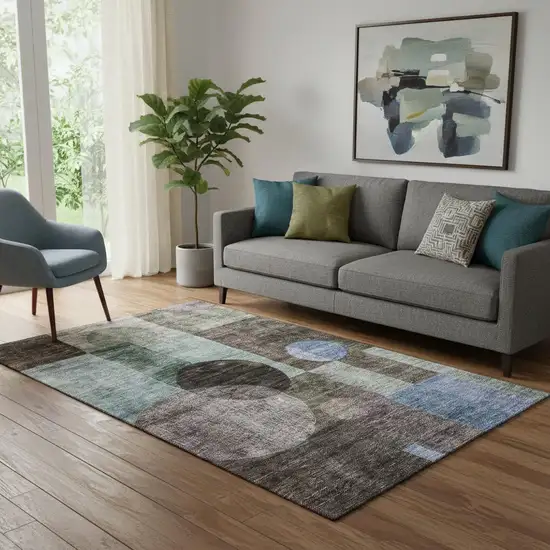 Brown Blue And Taupe Geometric Washable Area Rug With UV Protection Photo 2