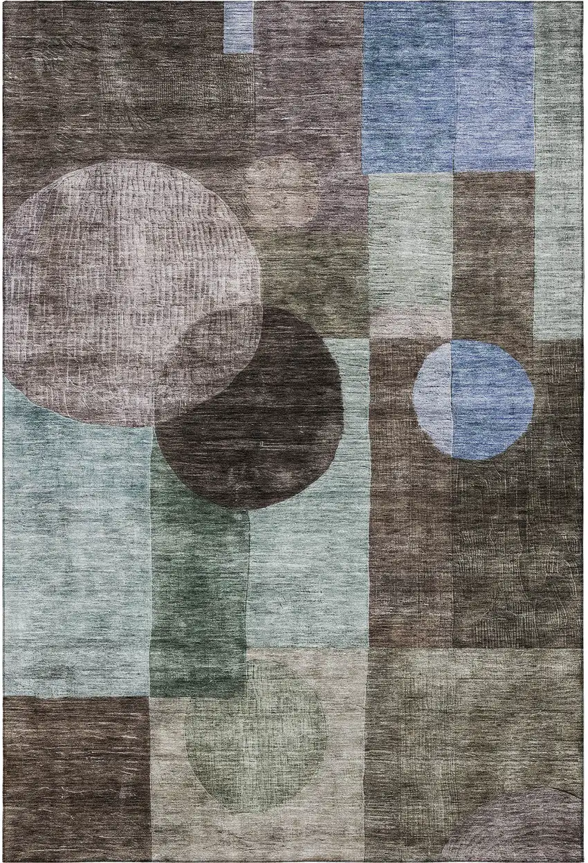 Brown Blue And Taupe Geometric Washable Area Rug With UV Protection Photo 3