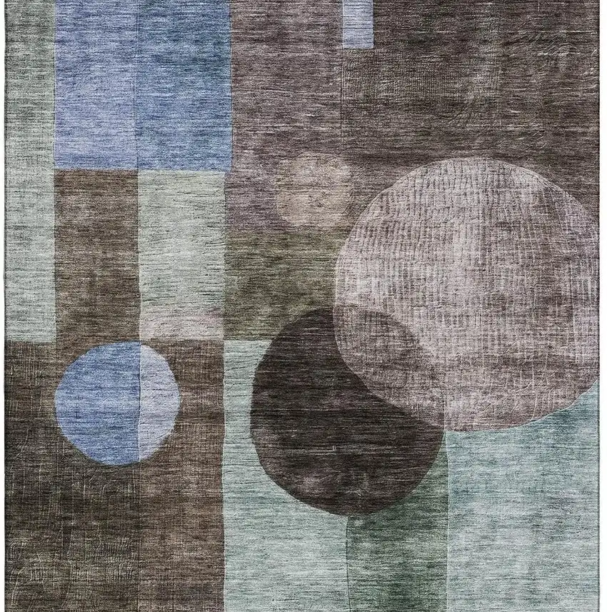 Brown Blue And Taupe Geometric Washable Area Rug With UV Protection Photo 2