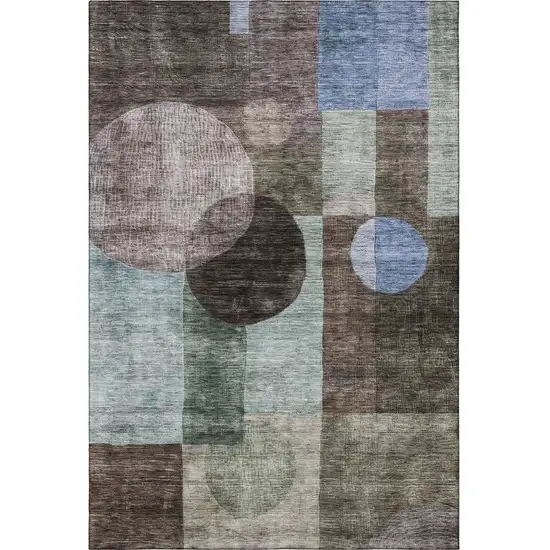 Brown Blue And Taupe Geometric Washable Area Rug With UV Protection Photo 3