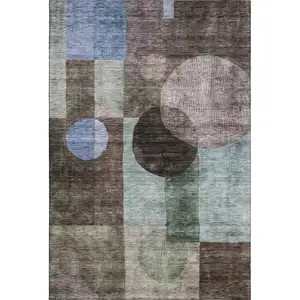 Photo of Brown Blue And Taupe Geometric Washable Area Rug With UV Protection