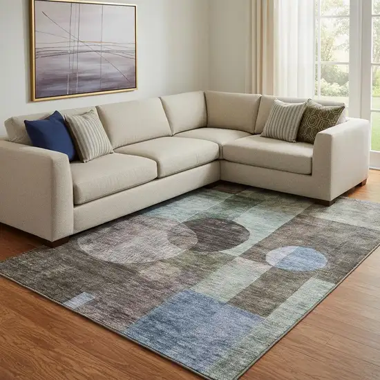 Brown Blue And Taupe Geometric Washable Area Rug With UV Protection Photo 2