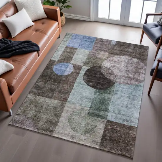 Brown Blue And Taupe Geometric Washable Area Rug With UV Protection Photo 5