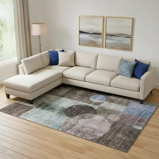 Brown Blue And Taupe Geometric Washable Area Rug With UV Protection Photo 2