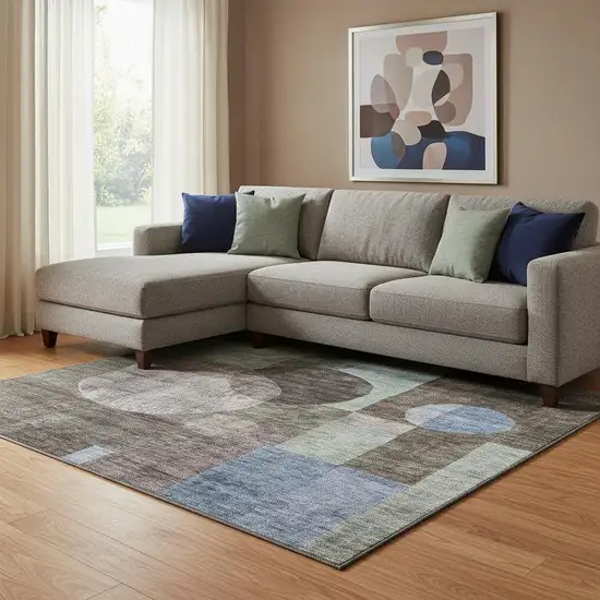 Brown Blue And Taupe Geometric Washable Area Rug With UV Protection Photo 2