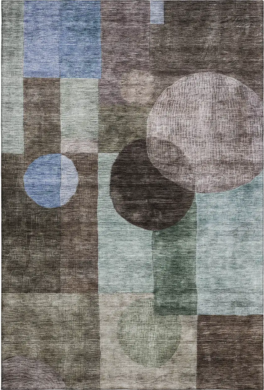 Brown Blue And Taupe Geometric Washable Area Rug With UV Protection Photo 1