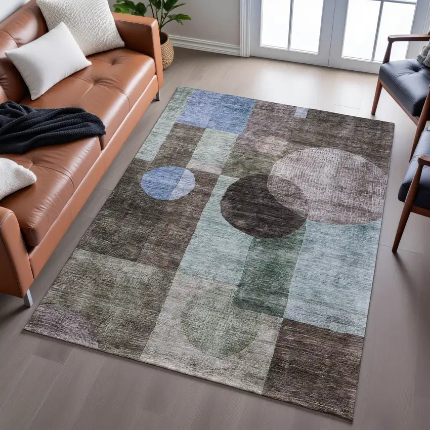 Brown Blue And Taupe Geometric Washable Area Rug With UV Protection Photo 5