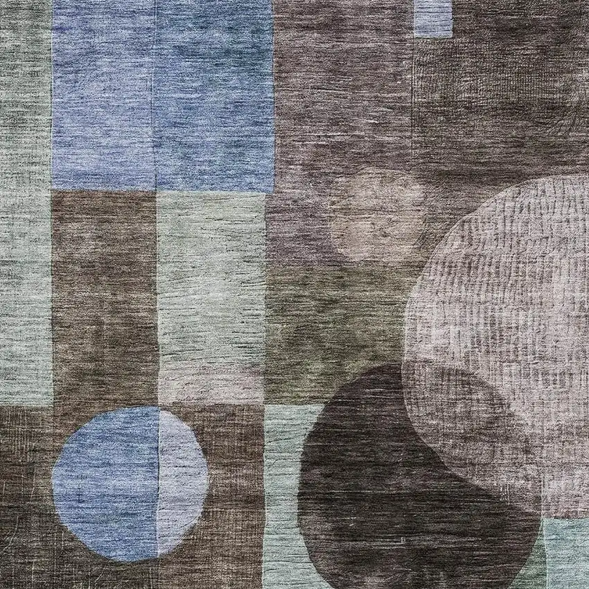 Brown Blue And Taupe Geometric Washable Area Rug With UV Protection Photo 2