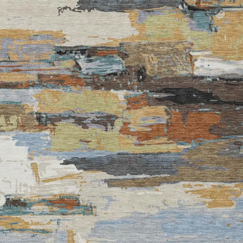 Brown Blue Ivory And Gold Abstract Washable Indoor Outdoor Area Rug Photo 9