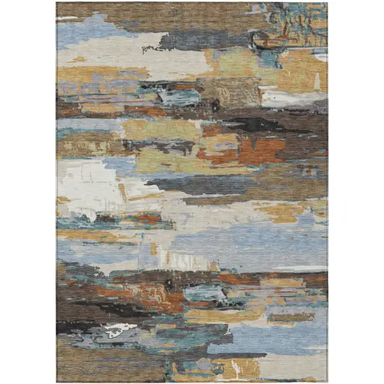 Brown Blue Ivory And Gold Abstract Washable Indoor Outdoor Area Rug Photo 2