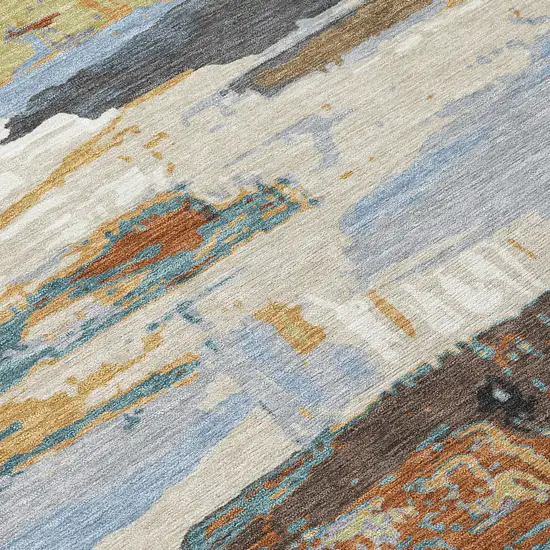 Brown Blue Ivory And Gold Abstract Washable Indoor Outdoor Area Rug Photo 7
