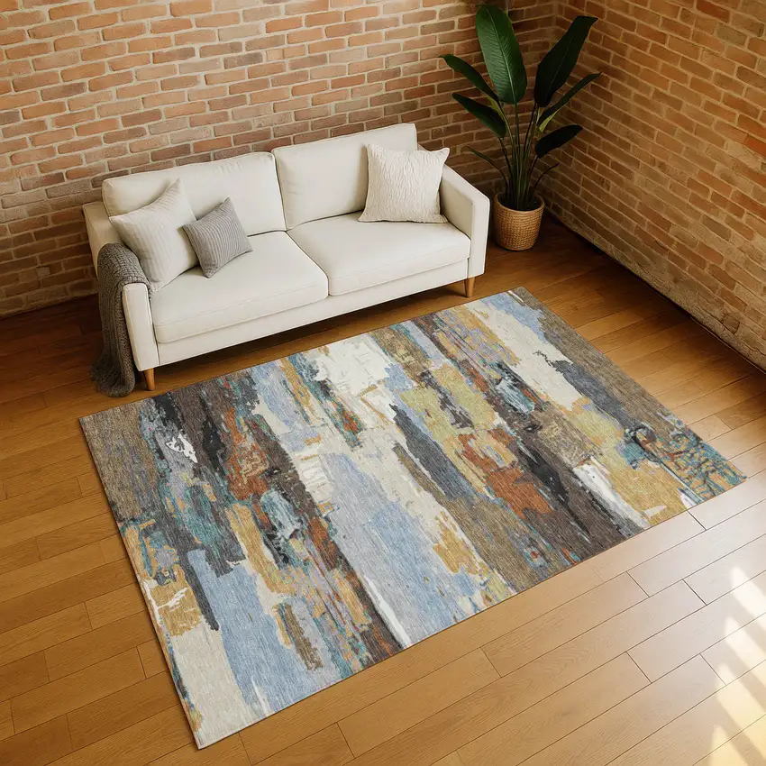 Brown Blue Ivory And Gold Abstract Washable Indoor Outdoor Area Rug Photo 8